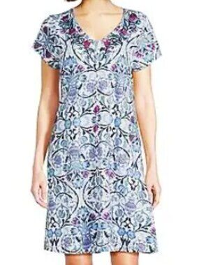 Go Softly XL Patio Dress Short Sleeve V-Neck Zip-Front Knit Blue Floral